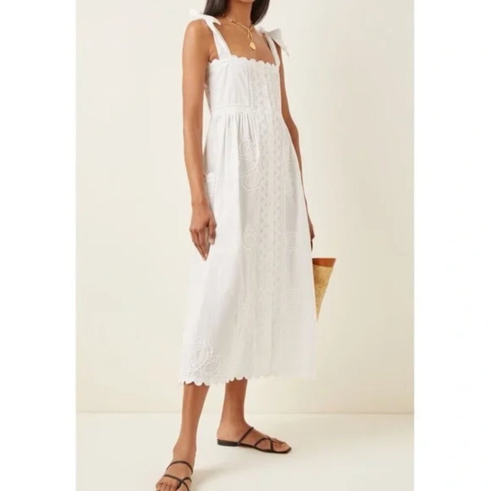 Juliet Dunn White Embroidered Tie-Sleeve Midi Dress – Size 3 – Worn Once